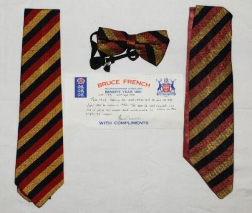 Bruce Nicholas French. Nottinghamshire & England. M.C.C. touring tie in red, black and gold colours, issued to French for the tour to India 1984/85. Sold with matching bow tie and cravat. Accompanying handwritten note by French states that the 'bow tie an
