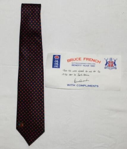 Bruce Nicholas French. Nottinghamshire & England. Tie issued to French for the England 'Rebel' tour to South Africa 1989/90 with accompanying handwritten note signed by French on his 1991 Benefit Year compliment slip. VG - cricket