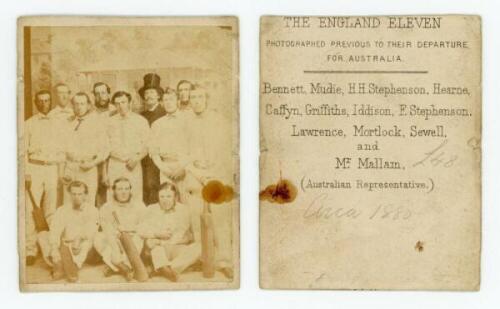 'The England Eleven'. First tour to Australia 1861/62. Small original sepia photograph of the touring party standing and seated wearing cricket attire. Printed caption to verso, 'Photographed previous to their departure for Australia' with the players' na