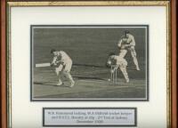 The Ashes 1928/29. Original mono photograph of Walter Hammond in batting action during his innings of 251 in England's first innings of the second Test match at Sydney, 14th- 20th December 1928. Looking on are Australian wicketkeeper, Bert Oldfield, and '