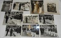 Test teams meeting royalty 1937-1955. Ten original mono press photographs of Test teams being introduced to royalty at Test matches in England. Images depict R.W.V. Robins shaking hands with Princess Elizabeth at Lord's, 1937. George VI meeting the Austra
