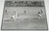 The Ashes. Australia v England, Sydney 1946. Mono press photograph of Don Bradman in batting action in partnership with Syd Barnes during their record fifth wicket partnership of 405 in Australia's first innings of the second Test, Sydney, 13th- 19th Dece - 2