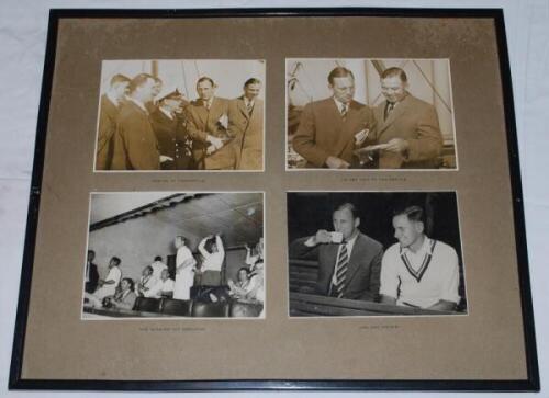 England tour to Australia 1954/55. Four original mono press photographs relating to the tour. The photographs, with hand printed captions below each image, depict Len Hutton with the ship's captain and others on arrival at Fremantle, Hutton with the tour 