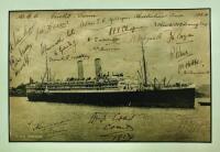 M.C.C. tour of Australia 1924/1925. 'Ship issue' printed photograph of the R.M.S. Ormonde, the ship which took the M.C.C. team to Australia in 1924. The photograph has handwritten title 'M.C.C. Cricket Team. Australian Tour 1924'. Signed in ink below titl