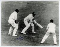 Don Bradman. Mono restrike press photograph of Bradman being dismissed, bowled, while batting for Australia. Signed to the photograph in blue ink by Bradman. Date and match unknown. 10"x8". Sport & General. VG - cricket