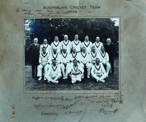 'Australian Cricket Team 1938'. Original official mono photograph of the Australian touring party seated and standing in rows wearing cricket attire. The photograph fully signed in ink to the lower mount border by all sixteen playing members of the party 
