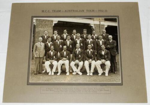 'Bodyline'. 'M.C.C. Team- Australian Tour- 1932-33'. Large and impressive official mono photograph of the M.C.C. touring party who toured Australia in 1932/33. The team, standing and seated in rows, wearing M.C.C. touring blazers and cricket attire. The p