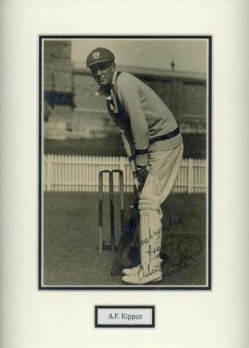 Alan Kippax. New South Wales & Australia. 1918-36. Excellent original mono photograph of Kippax, wearing N.S.W. cap, in batting pose in front of the wicket. Very nicely signed in black ink to the image by Kippax. The photograph is similar to one previousl