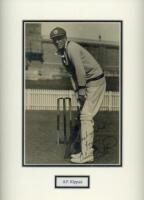 Alan Kippax. New South Wales & Australia. 1918-36. Excellent original mono photograph of Kippax, wearing N.S.W. cap, in batting pose in front of the wicket. Very nicely signed in black ink to the image by Kippax. The photograph is similar to one previousl