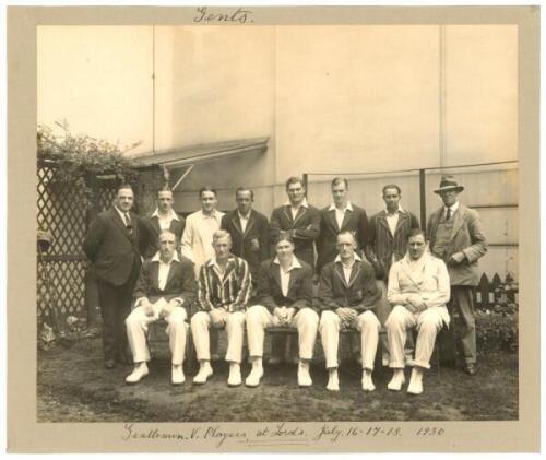 Gentlemen v Players 1930. Original official mono photograph of the Gentlemen team taken for the match played at Lord's, 16th-18th July 1930, the players seated and standing in rows wearing blazers with both umpires. Players featured are Chapman (Captain),