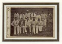 'Gloucestershire Eleven 1877'. Excellent original mono carte de visite photograph of Gloucestershire team who won the County Championship in 1877. The photograph features W.G. Grace, G.F. Grace, W.R. Gilbert, E.M. Grace, F. Townsend, W. Fairbanks, W. Midw