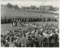 George Gunn. Nottinghamshire & England 1902-1932. Two mono restrike images from originals taken at Trent Bridge of a presentation made to Gunn to celebrate his fiftieth birthday in 1929. One photograph is a general view of the ground with large crowds loo