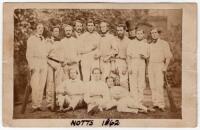 Nottinghamshire County Cricket Club 1862. Early and excellent original sepia plain back carte de visite photograph of the Nottinghamshire team, seated and standing in rows, wearing cricket attire, one in a top hat. Player's names handwritten in pencil to 