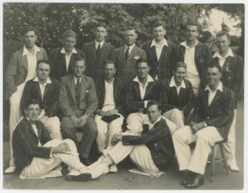 South Africa tour to England 1929. Original mono photograph of the South Africa touring party seated and standing in rows wearing tour blazers and suits. Pencil annotation to verso, 'South Africans 1929 at Brighton v Sussex'. 7.5"x6". Photographer unknown