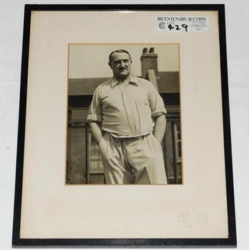 George Aubrey Faulkner. Transvaal & South Africa 1924. Excellent original mono photograph of Faulkner standing three quarter length wearing cricket attire, hands in pockets. Blind embossed stamp to one corner for Daily Mail, London. Previously sold as lot