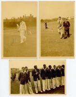 South African tour to England 1955. Three sepia postcard size candid photographs of the South Africans at Derby for the tour match played at Derby, 11th- 13th May 1955. The photographs depict Neil Adcock bowling in the nets, signed by Adcock, Anton Murray