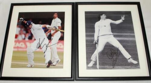 Signed cricket photographs. Three mono photographs, one of Ian Botham in bowling action, another batting, and Alec Bedser walking on to the field. Also a colour photograph of Kevin Pietersen in batting action celebrating a batting milestone. All four bold