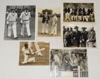 Walter Reginald 'Wally' Hammond. Gloucestershire & England 1920-1951. Six original mono press photographs featuring Hammond. Images include Hammond walking down the steps at Old Trafford, wearing a suit to toss for innings v India 1946, tossing the coin w