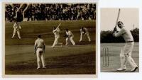 Sussex C.C.C. A nice original mono press photograph of K.S. Duleepsinhji in batting action for C.I. Thornton's XI v M.C.C. Australian touring team at Scarborough 1928. 10"x8". Sold with a mono press photograph of the Nawab of Pataudi in batting pose 'jump