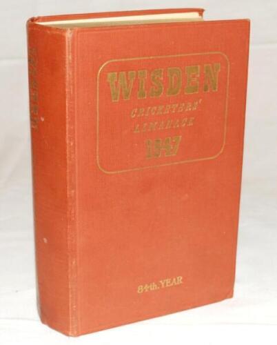 Wisden Cricketers' Almanack 1947. Original hardback. Fading to gilt titles on spine and light crease to spine paper, some slight splitting to front internal hinge, some soiling to page block edge otherwise in good condition - cricket