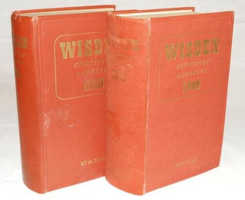 Wisden Cricketers' Almanack 1949 and 1950. Original hardback editions. The 1949 edition with faded gilt titles to spine, some wear and splitting to internal hinges and slight soiling to page block edge, the 1950 edition minor wear to boards, slight bumpin