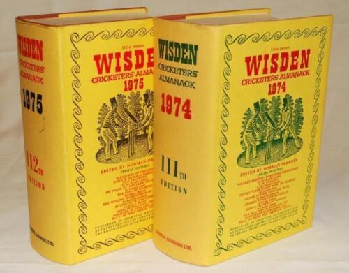 Wisden Cricketers' Almanack 1974 and 1975. Original hardback with dustwrapper. Minor age toning to the dustwrapper spine, odd very minor faults otherwise in good/very good condition - cricket