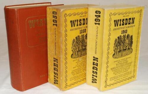 Wisden Cricketers' Almanack 1949, 1950 and 1951. The first two editions are original cloth covers, the 1951 edition an original hardback edition. The first two editions with bowing to spine, some wear, only fair/good condition. The 1951 hardback with dull