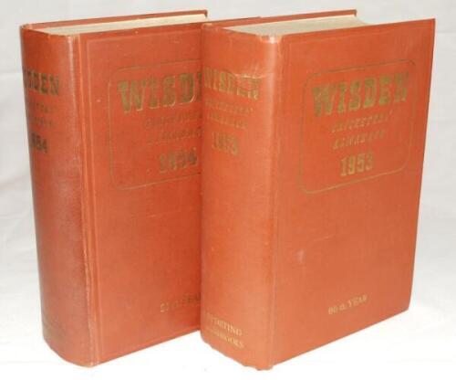 Wisden Cricketers' Almanack 1953 and 1954. Original hardback. Small crease to the top of the spine of the 1953 edition, the 1954 edition with dulled gilt titles otherwise both in good condition - cricket