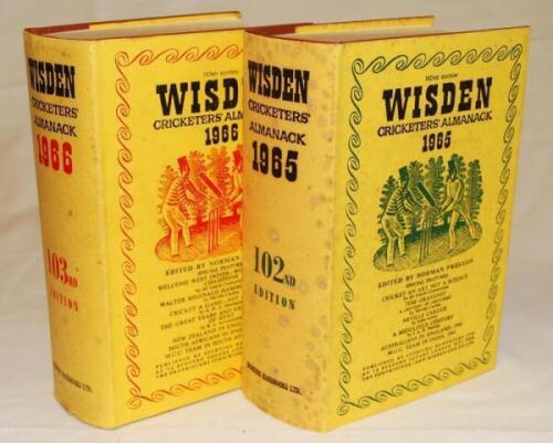 Wisden Cricketers' Almanack 1965 and 1966. Original hardback with dustwrappers. The 1965 edition with spotting to dustwrapper, the 1966 with a small amount of spotting to dustwrapper otherwise in good+ condition - cricket