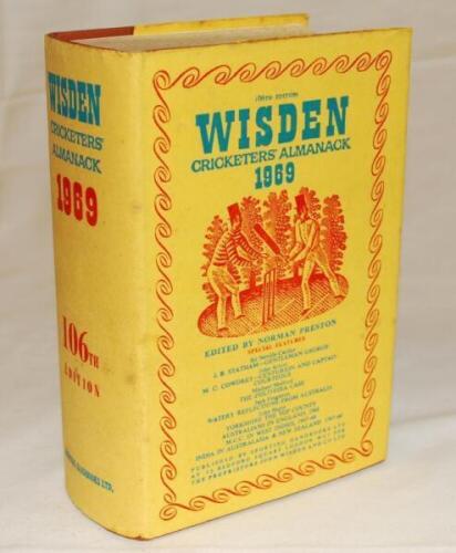Wisden Cricketers' Almanack 1969. Original hardback with dustwrapper. Some minor marks to dustwrapper, some soiling to page block edge otherwise in good/very good condition - cricket