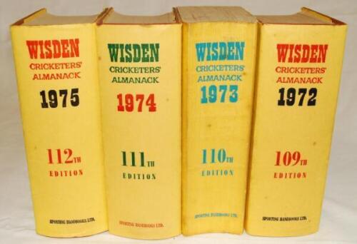 Wisden Cricketers' Almanack 1972 to 1975. Original hardback with dustwrappers with the exception of the 1973 edition which is a softback. Some minor marks to dustwrappers, the 1973 edition with bowing to spine and some soiling to page block otherwise in 