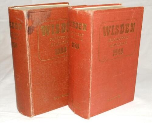 Wisden Cricketers' Almanack 1949 & 1950. Original hardbacks. The 1949 edition with broken front and rear internal hinges, some wear to boards, dulling to gilt titles, wear to corners otherwise in good condition, the 1950 edition has an ink stain to the to
