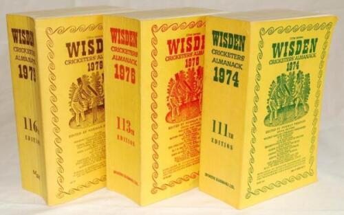 Wisden Cricketers' Almanack 1974, 1976 and 1979. Original cloth covers. Slight bowing to the spine of the 1979 edition otherwise in good/very good condition - cricket