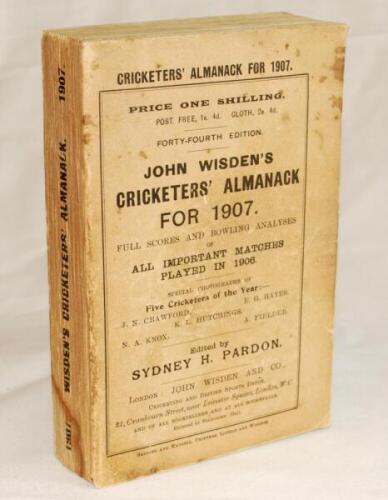 Wisden Cricketers' Almanack 1907. 44th edition. Original paper wrappers. Some minor staining and soiling to wrappers and spine paper otherwise in good/very good condition - cricket