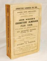 Wisden Cricketers' Almanack 1908. 45th edition. Original paper wrappers. Minor age toning and wear to wrappers and spine paper otherwise in good/very good condition - cricket