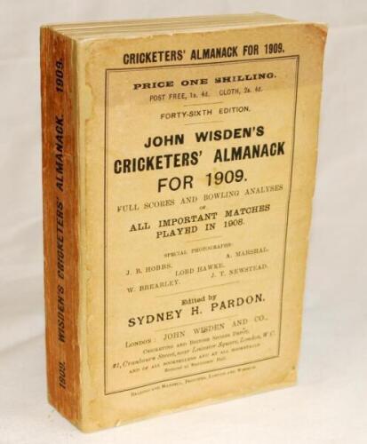 Wisden Cricketers' Almanack 1909. 46th edition. Original paper wrappers. Minor age toning, staining and wear to wrappers and spine paper, minor loss to wrappers otherwise in good/very good condition - cricket