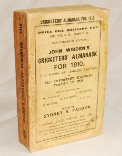 Wisden Cricketers' Almanack 1910. 47th edition. Original paper wrappers. Some age toning, staining and wear to wrappers and spine paper, signs of possible restoration to spine area otherwise in good/very good condition - cricket