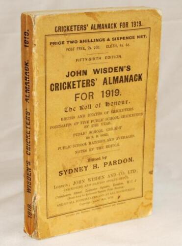 Wisden Cricketers' Almanack 1919. 56th edition. Original paper wrappers. Some wear and staining to wrappers and spine paper, minor loss to front wrapper corners, some soiling and staining internally otherwise in good condition. Rare war-time edition - cri