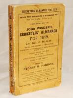 Wisden Cricketers' Almanack 1919. 56th edition. Original paper wrappers. Some wear and staining to wrappers and spine paper, minor loss to front wrapper corners, some soiling and staining internally otherwise in good condition. Rare war-time edition - cri