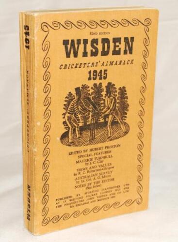 Wisden Cricketers' Almanack 1945. 82nd Edition. Original limp cloth covers. Only 6500 paper copies printed in this war year. Odd very minor faults otherwise in very good condition. Rare war-time edition - cricket