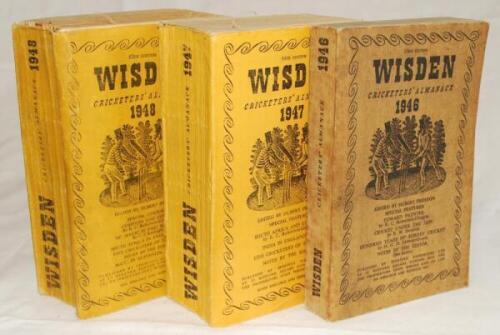 Wisden Cricketers' Almanack 1946, 1947 and 1948. Original limp cloth covers. The 1946 edition with soiling to the covers and spine otherwise in good/very good condition, the 1947 in good condition and the 1948 in poor condition. Qty 3 - cricket