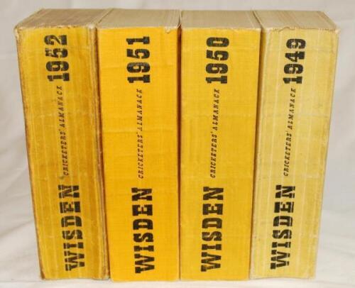 Wisden Cricketers' Almanack 1949, 1950, 1951 and 1952. Original limp cloth covers. The 1949 edition with slight bowing to spine, the 1950 and 1951 editions in very good condition and the 1952 edition, a little tired bowing to spine, wear to covers etc. Qt
