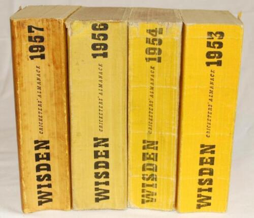 Wisden Cricketers' Almanack 1953, 1954, 1956 and 1957. Original limp cloth covers. The 1953 edition in good+ condition, the 1954 and 1957 editions with some bowing to spine, to a greater or lesser extent, some soiling and spotting to covers, the 1954 with