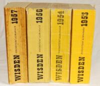 Wisden Cricketers' Almanack 1953, 1954, 1956 and 1957. Original limp cloth covers. The 1953 edition in good+ condition, the 1954 and 1957 editions with some bowing to spine, to a greater or lesser extent, some soiling and spotting to covers, the 1954 with