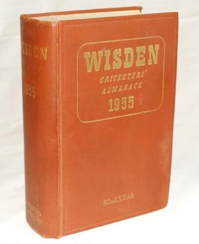 Wisden Cricketers' Almanack 1955. Original hardback. Minor wear and odd mark to boards, slight dulling to the gilt titles on the front board, the gilt titles on the spine appear to have been re-gilded otherwise in good condition - cricket