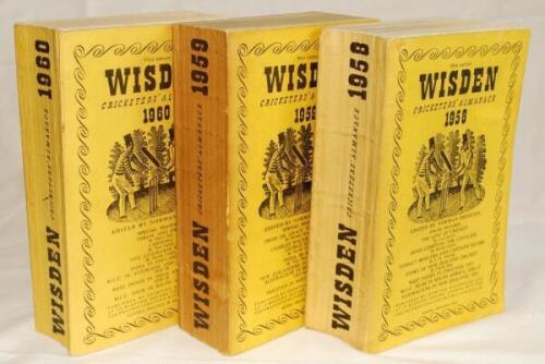 Wisden Cricketers' Almanack 1958, 1959 and 1960. Original limp cloth covers. The 1958 and 1960 editions with slight bowing to spines, the 1958 edition with nick to top edge of the front cover and general wear, slight breaking to internal hinges, the 1959 