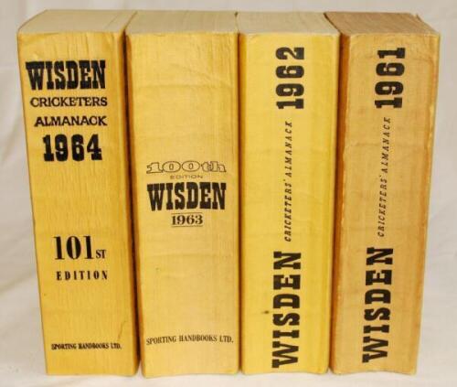 Wisden Cricketers' Almanack 1961, 1962, 1963 and 1964. Original limp cloth covers. The 1961 and 1963 editions with slight bowing to spines, some soiling to page block edge of two editions, odd very minor further faults otherwise in good condition. Qty 4 -