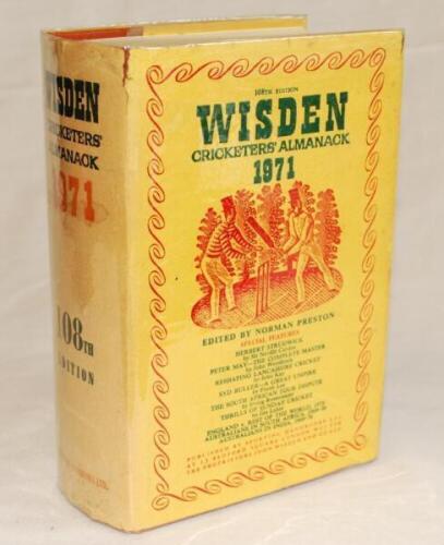 Wisden Cricketers' Almanack 1971. Original hardback with dustwrapper. Some wear and age toning to dustwrapper, minor tears to head of dustwrapper spine otherwise in good+ condition - cricket