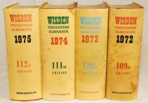Wisden Cricketers' Almanack 1972 to 1975. Original hardback with dustwrappers. Some wear, soiling and age toning to dustwrappers, soiling to page bloack edge of two editions otherwise in good condition. Qty 4 - cricket