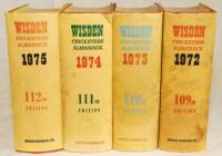 Wisden Cricketers' Almanack 1972 to 1975. Original hardback with dustwrappers. Some wear, soiling and age toning to dustwrappers, soiling to page bloack edge of two editions otherwise in good condition. Qty 4 - cricket